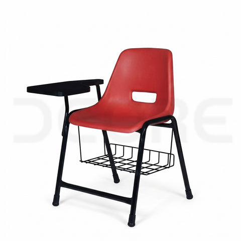 Ergonomic Red Student Study Chair with Writing Pad & Storage Basket - DCORE